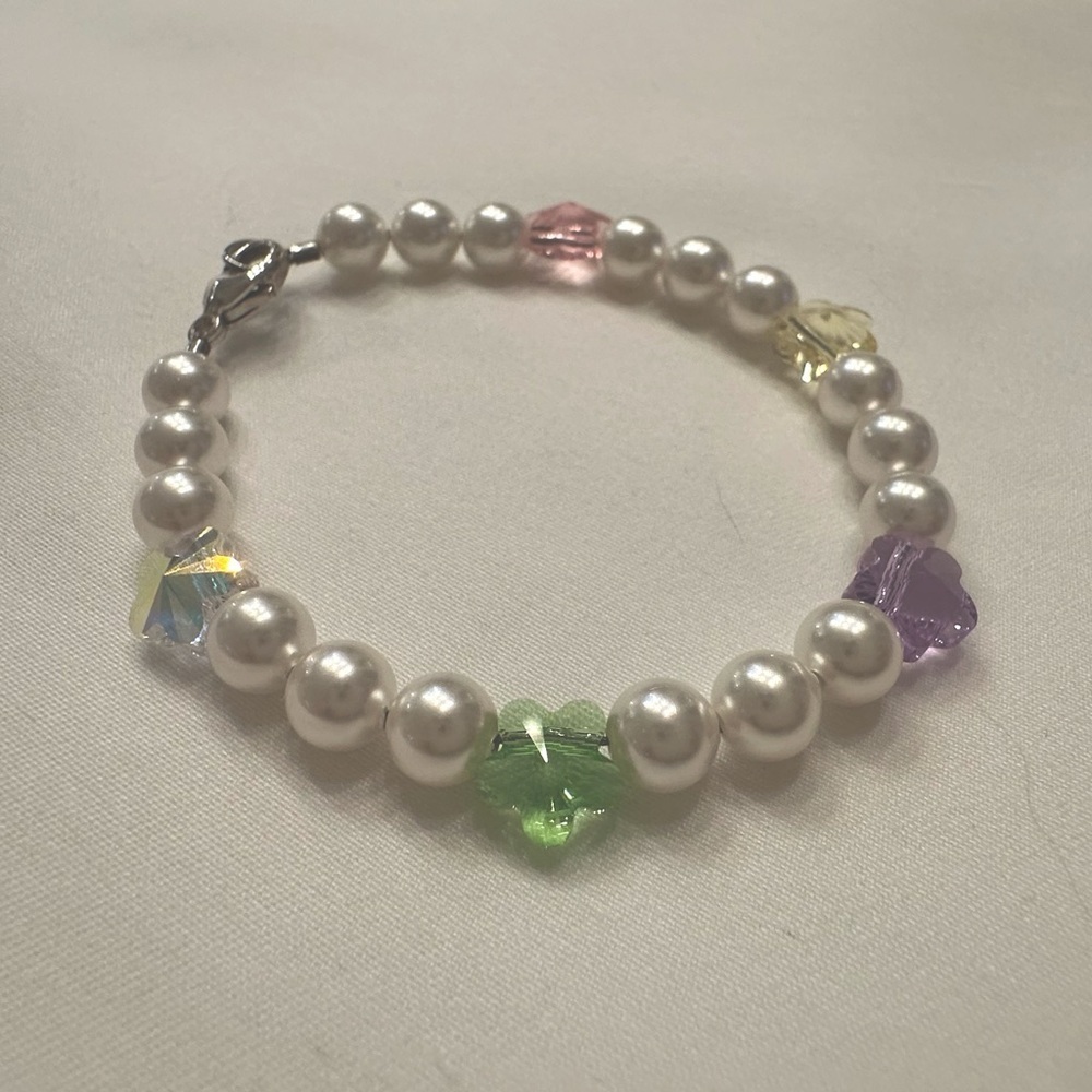 Hand Crafted Children’s Swarovski Pearl And Flower Crystal Bracelet